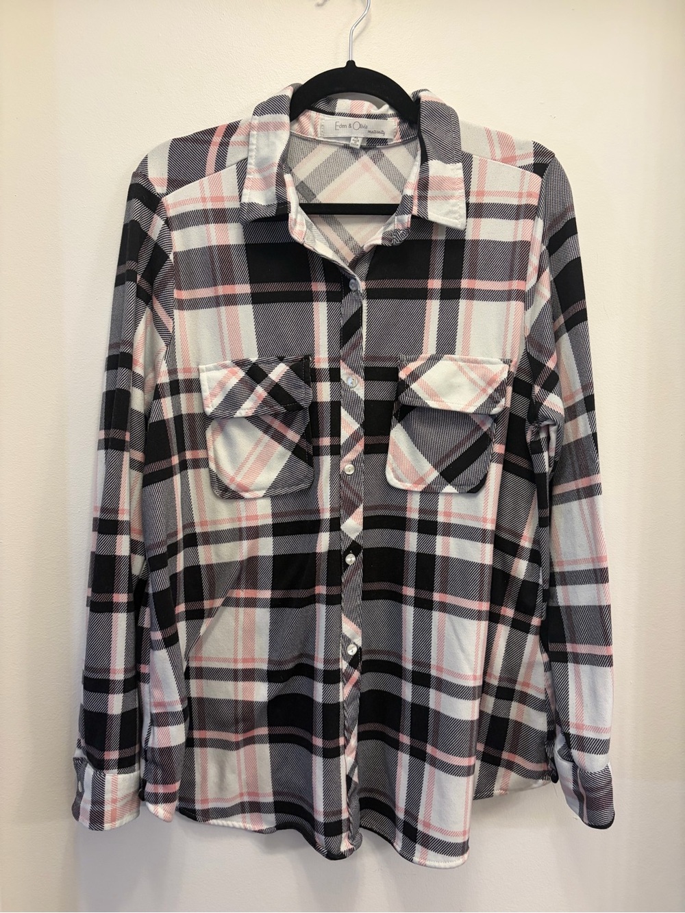 Maternity Plaid Button Down Shirt Black Pink Gray XL Extra Large Eden & Olivia